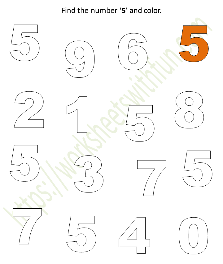 Mathematics - Preschool: Find the number ‘5’ and color Worksheet 5