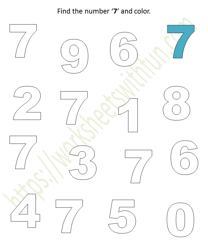 mathematics preschool find the number 7 and color worksheet 7