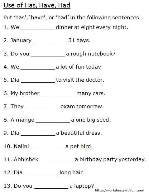 English - Class 1: Use of Has, Have, Had (Put 'has', 'have', or 'had' in  the sentences) - Worksheet 2