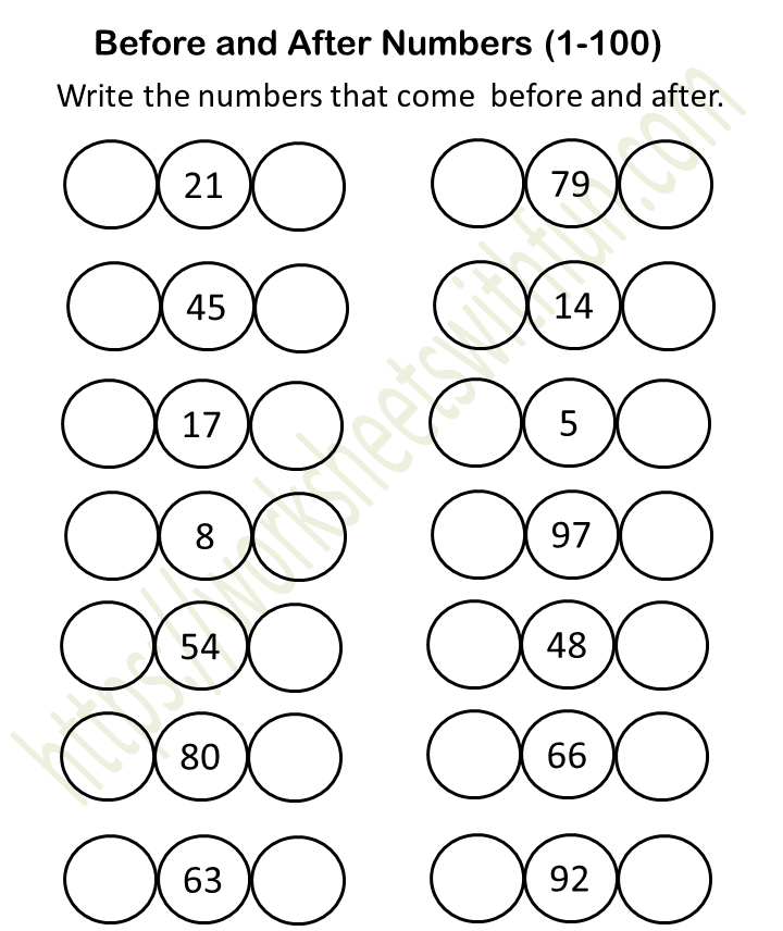 Mathematics - Preschool: Before - After - Between Worksheet 3 (1-100) | WWF