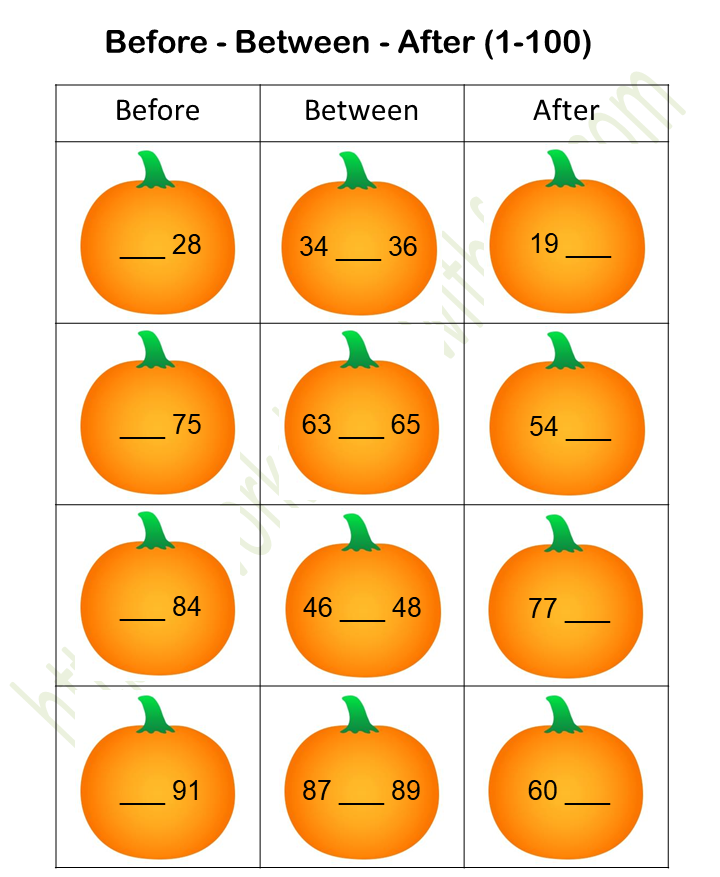 Mathematics - Preschool: Before - After - Between Worksheet 7 (1-100 ...