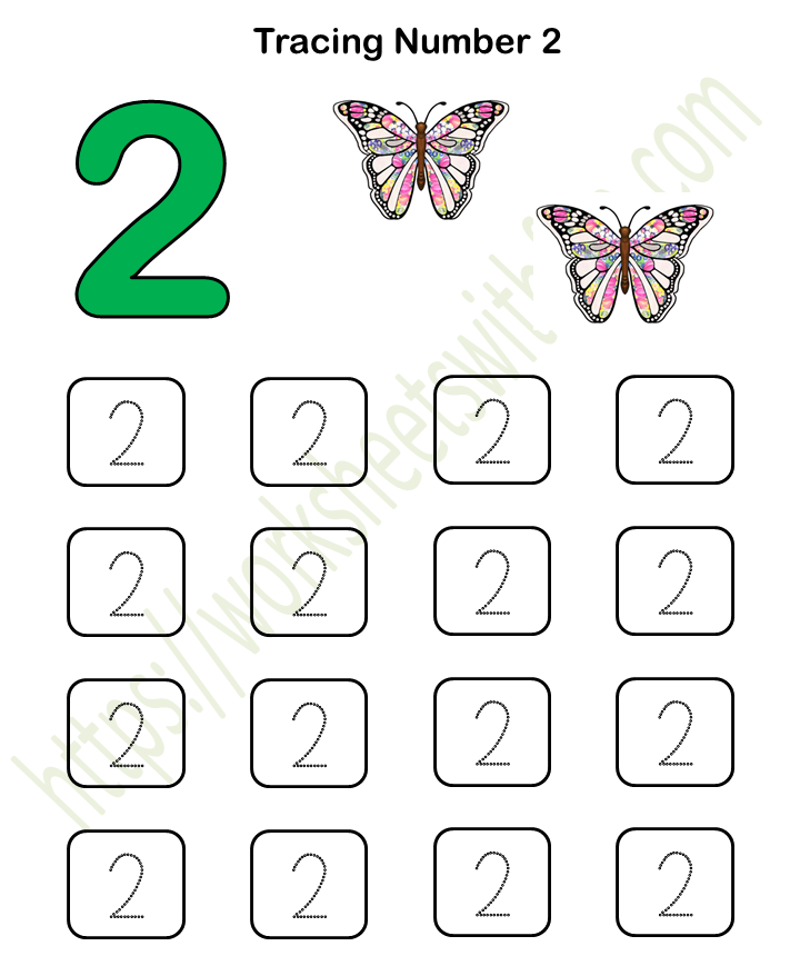 Mathematics - Preschool: Tracing Number 2 (Color) Worksheet 2 | WWF