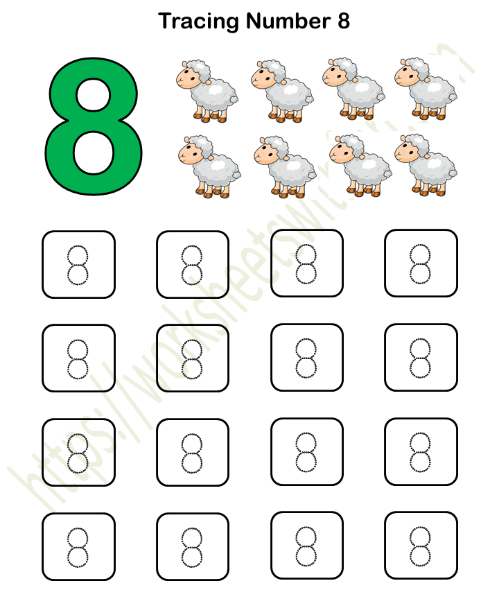 mathematics preschool tracing number 8 color worksheet 8