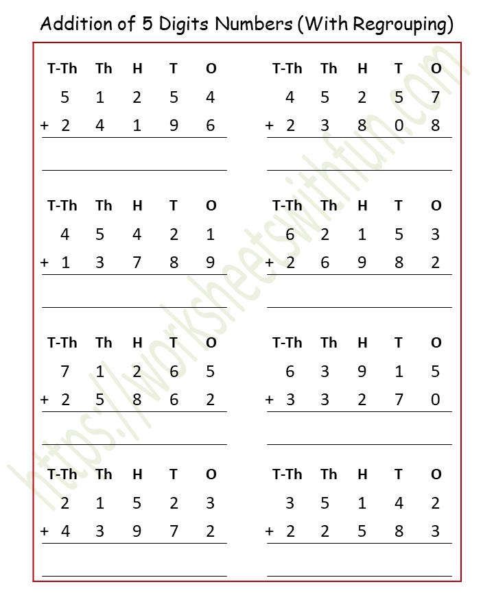 Addition Worksheets 5 Digit Numbers