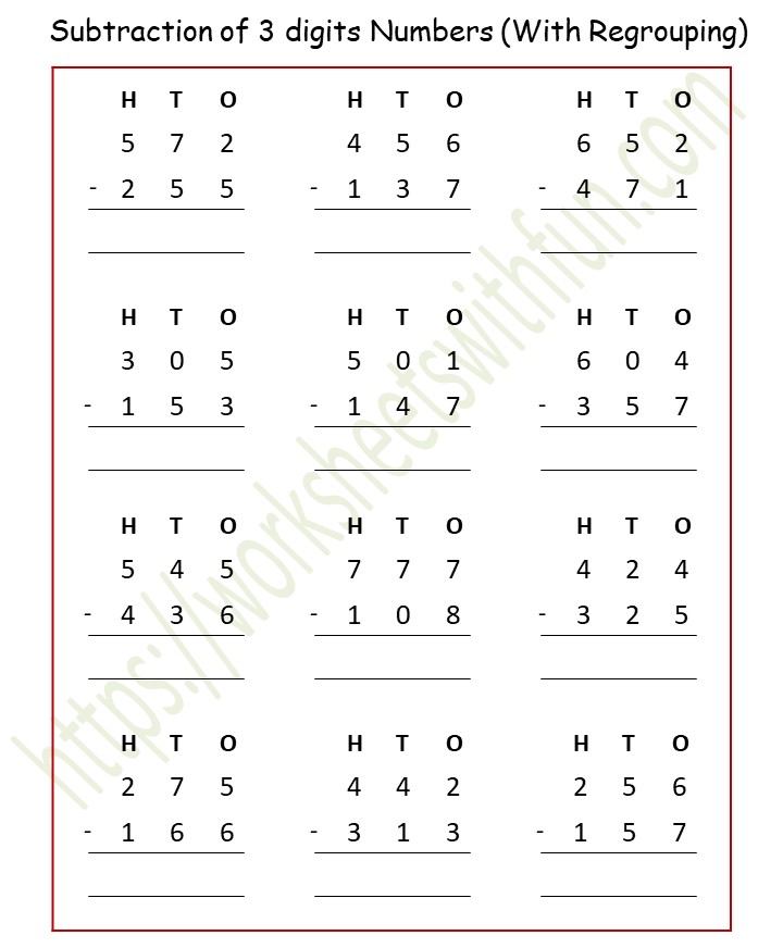 maths class 4 subtraction of 3 digits numbers with regrouping worksheet 1
