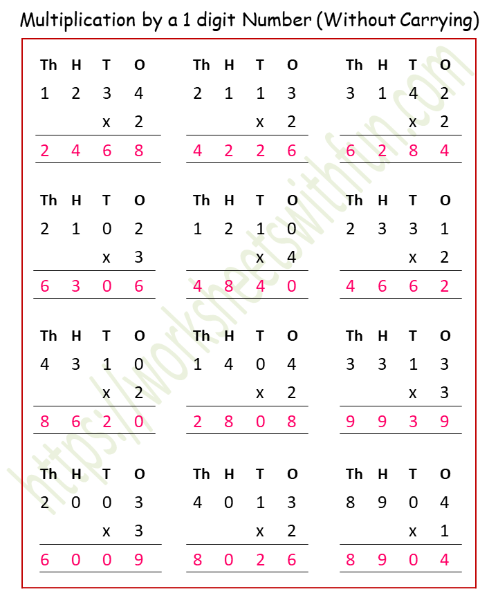 maths class 4 multiplication by a 1 digit number without carrying worksheet 1 answer