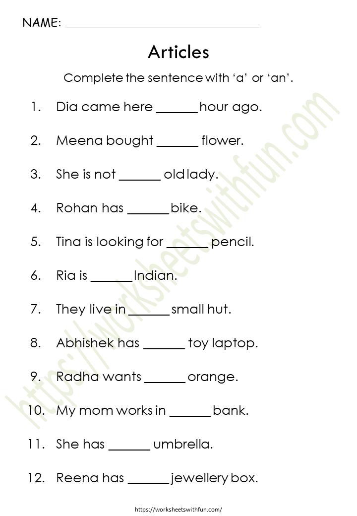 english class 1 articles complete the sentence with a or an worksheet 7