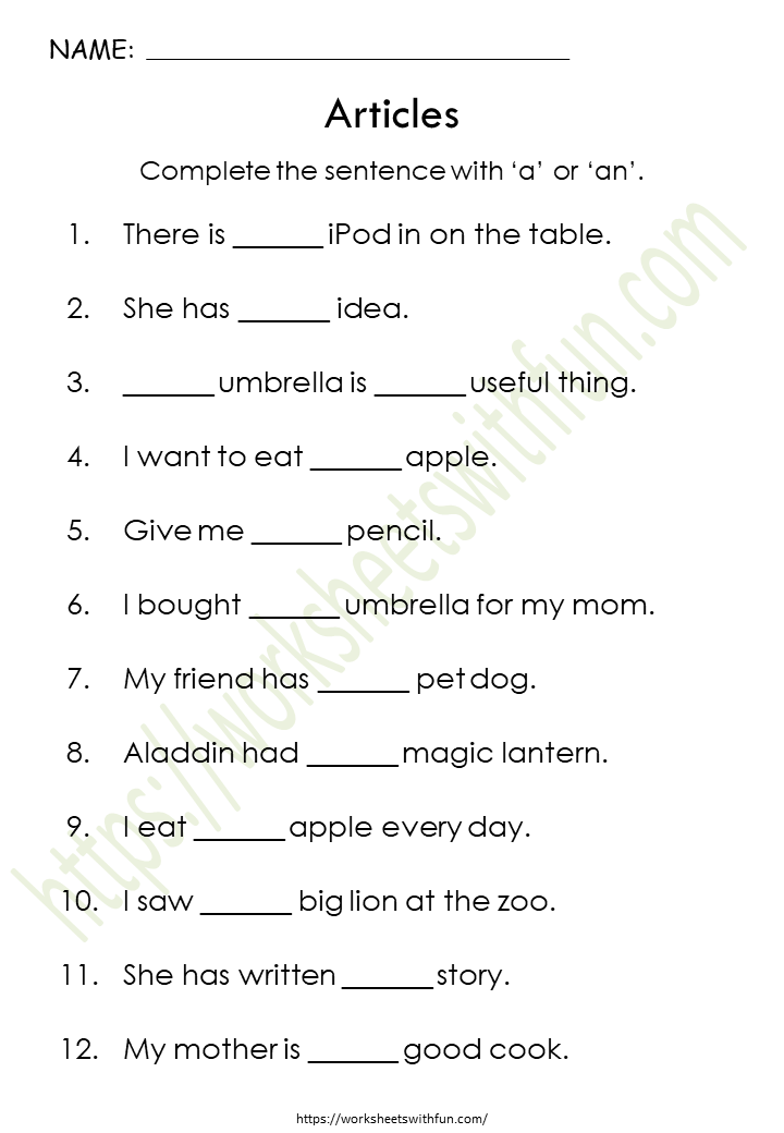 english class 1 articles complete the sentence with a or an worksheet 8