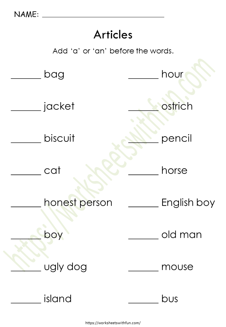 English Class 1 Articles Add A Or An Before The Words Worksheet 5