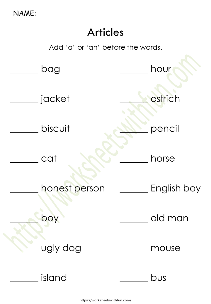 english class 1 articles add a or an before the words worksheet 5