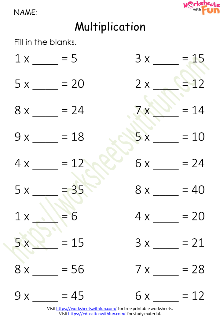 multiplication sheets for grade 1