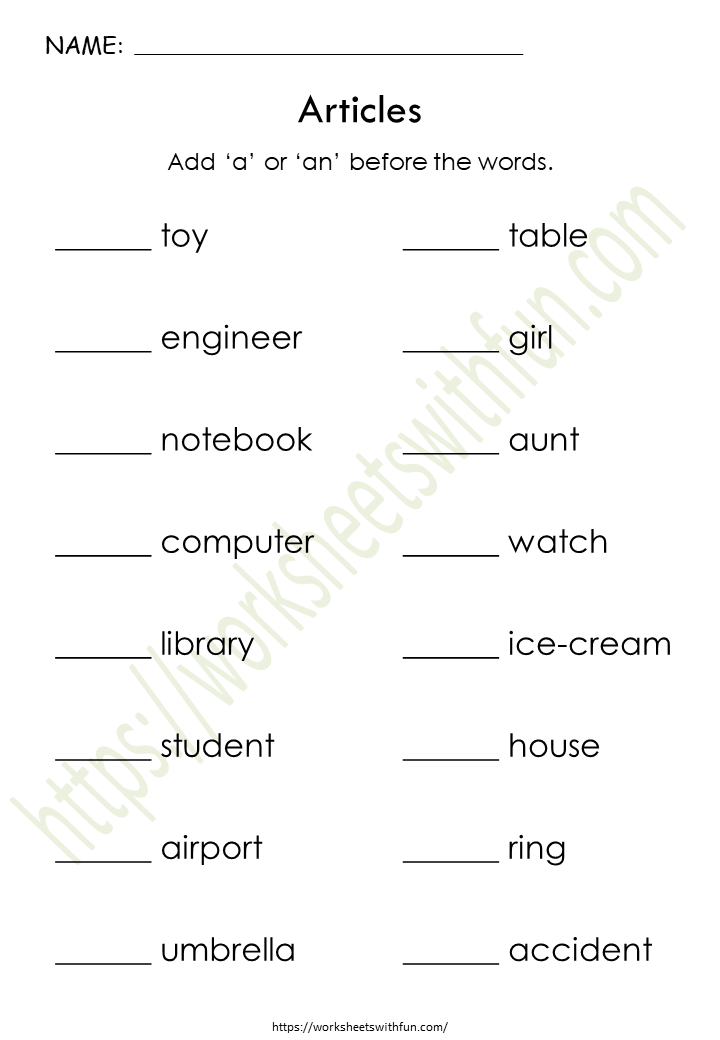 english class 1 articles add a or an before the words worksheet 4