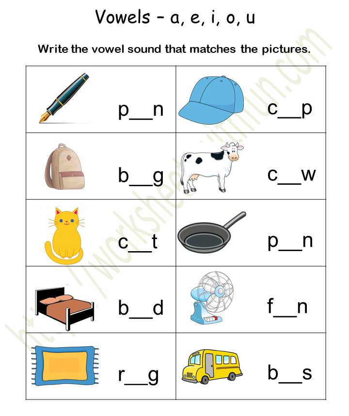 English General- Preschool: Vowel Sound Worksheet 8 (Write the vowel ...