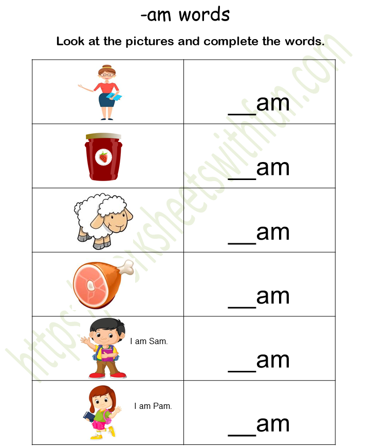 Topic am Word Family Worksheets English General Preschool WWF