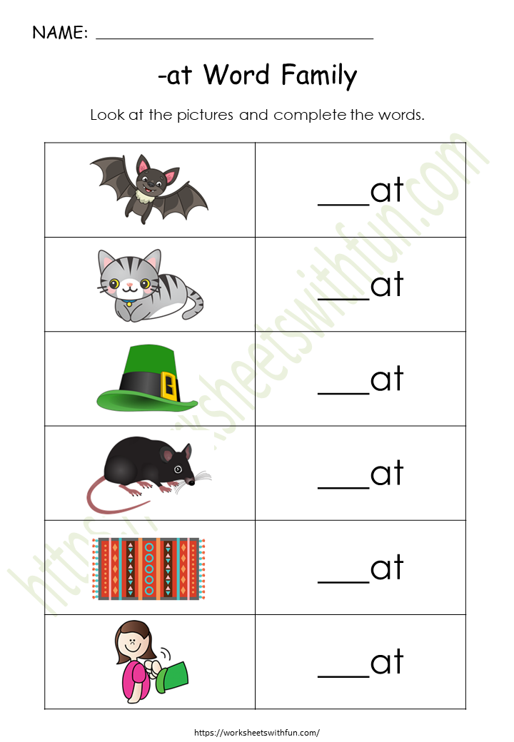 English General- Preschool: CVC (at Words) Worksheet 1