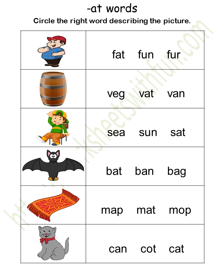 Course: English General- Preschool, Topic: - at Word Family Worksheets