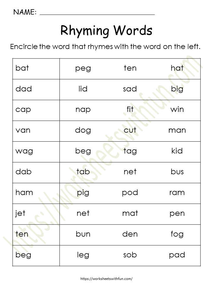 CVC Rhyming Words Worksheet 1