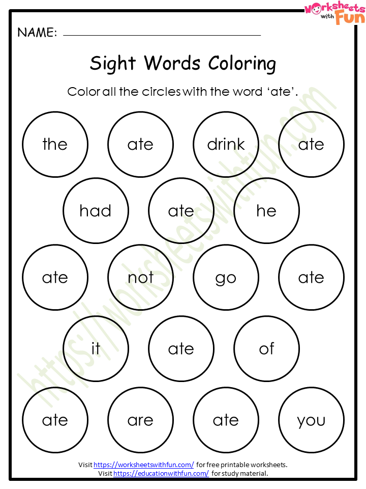 english general preschool sight word worksheet ate