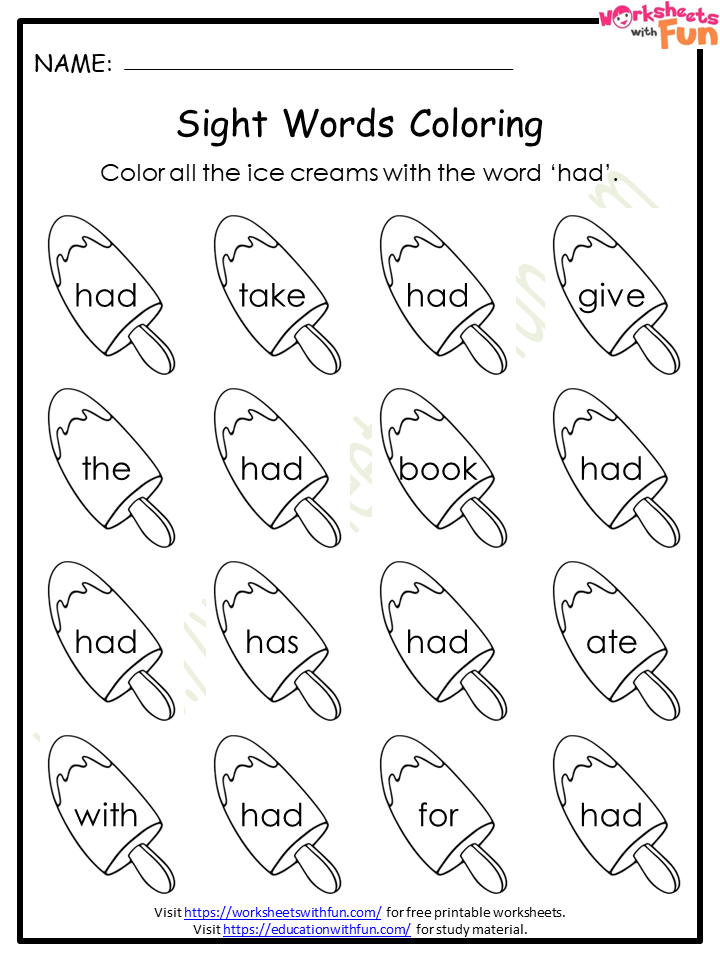 english general preschool sight word worksheet had