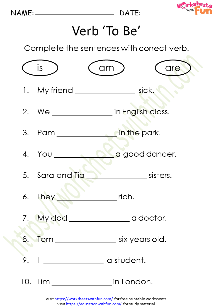 english class 1 verb to be is am are worksheet 7