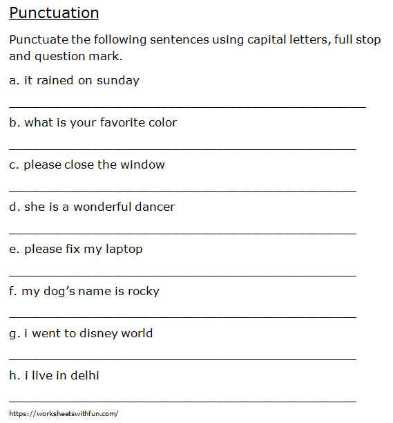 English - Class 1: Punctuation (Punctuating sentences) - Worksheet 7