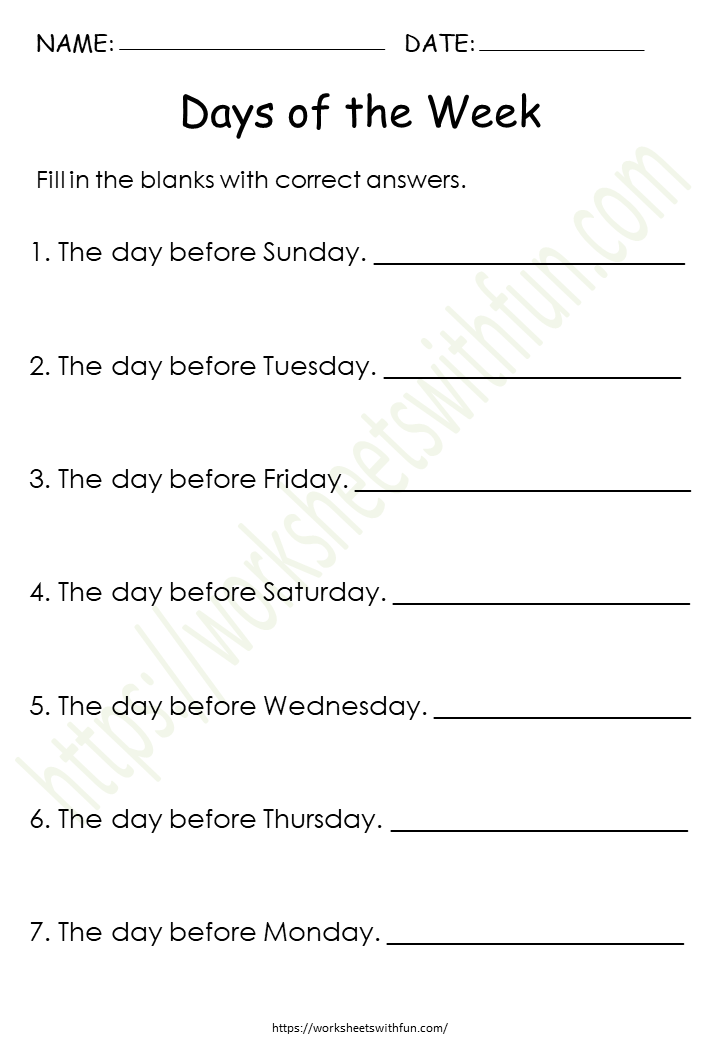 Days of the Week Worksheet 9