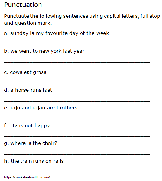 English - Class 1: Punctuation (Punctuating sentences) - Worksheet 10