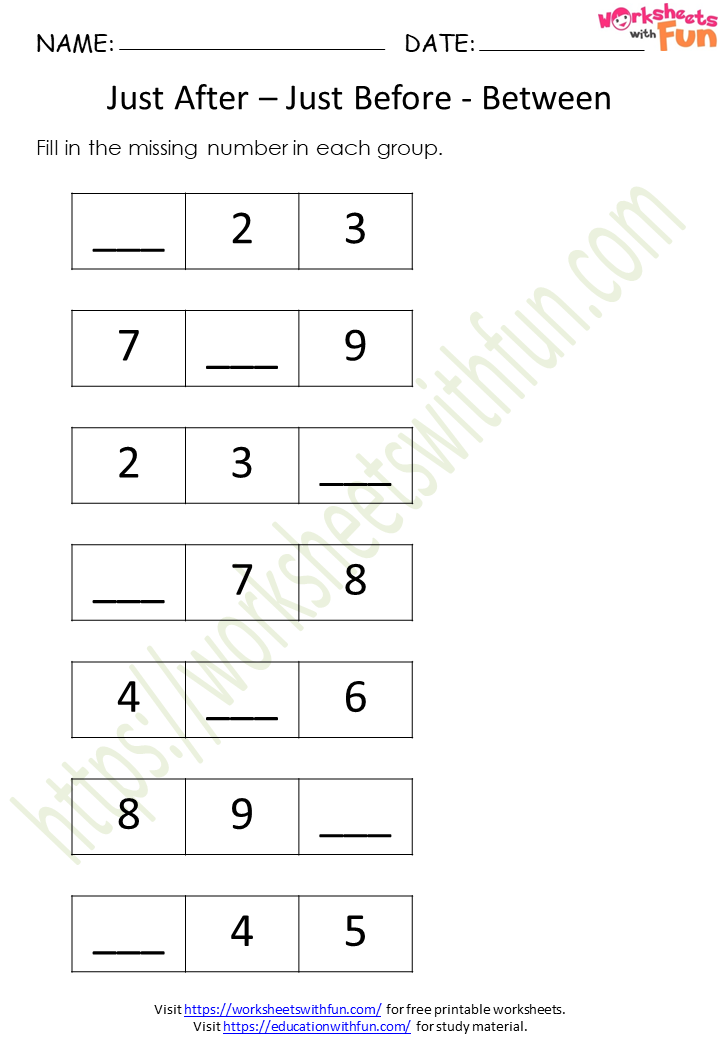 Topic: Number Sequencing (Just After – Just Before - Between) - Numbers ...