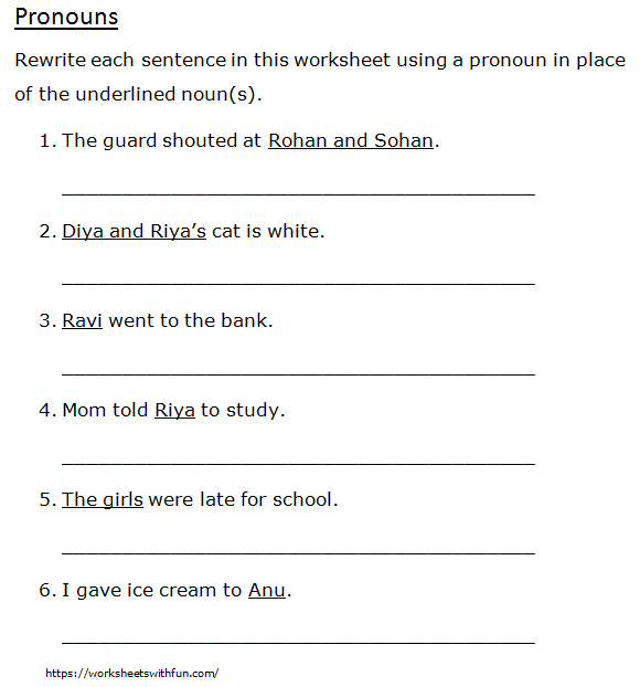 English - Class 1: Pronouns (Rewrite each sentence using pronouns ...